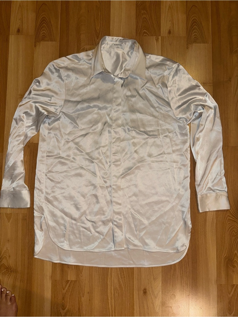 Aritzia Babaton Silver Silk Button Down Top size Small
